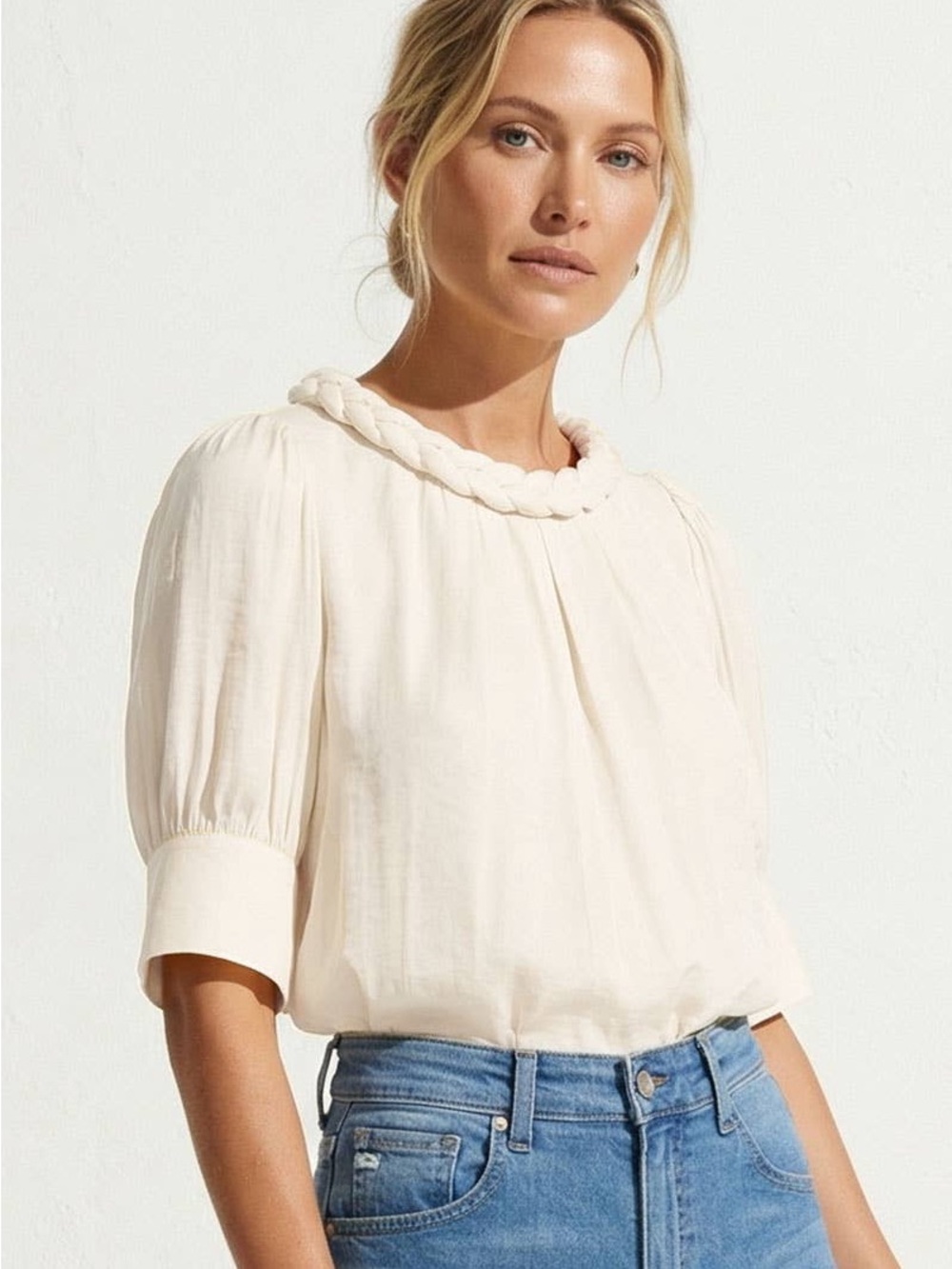 Naked Zebra Cream Braided-Neck Short Sleeve Blouse